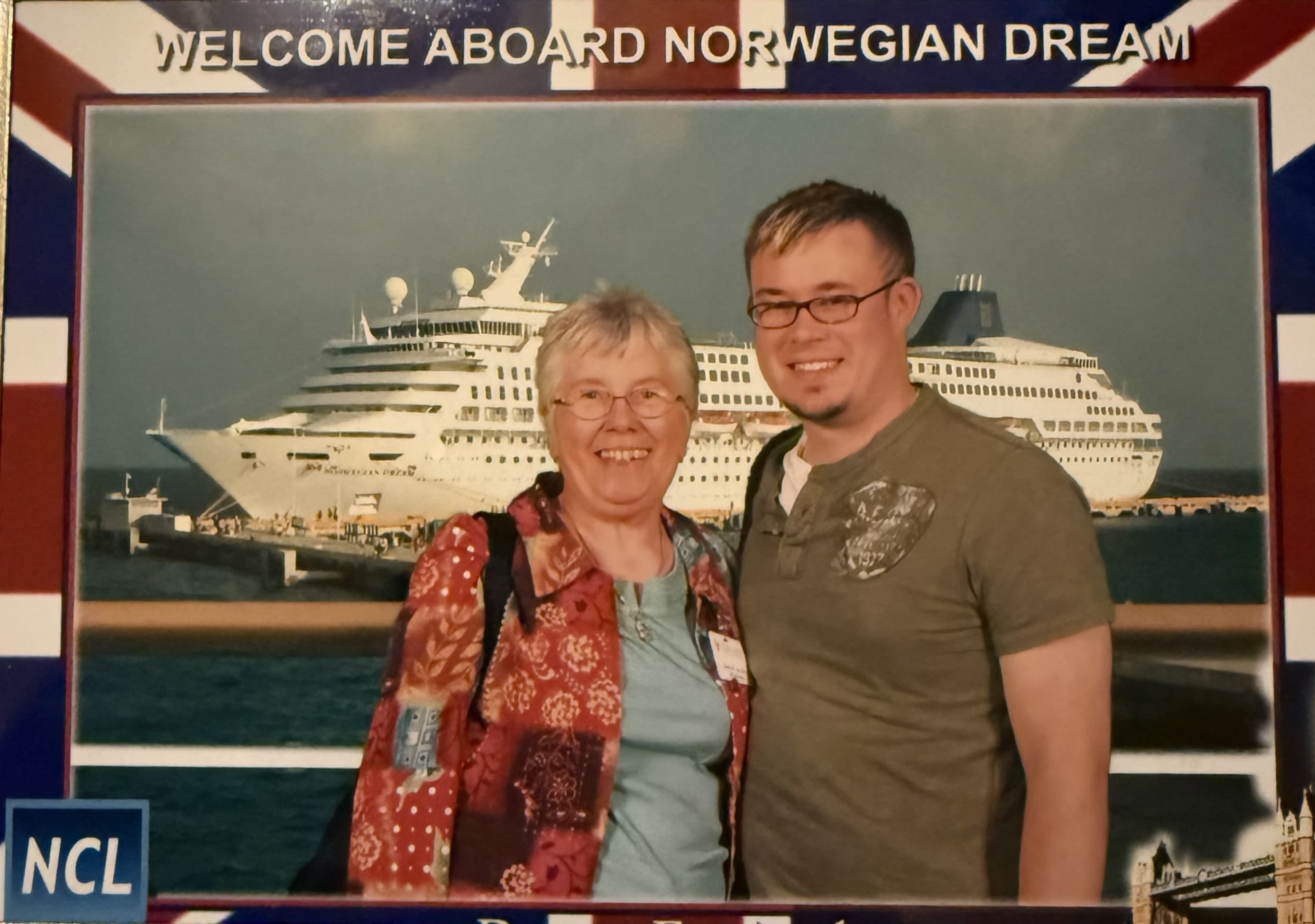 Young Kyle with his grandmother Shirley in front of their cruise ship