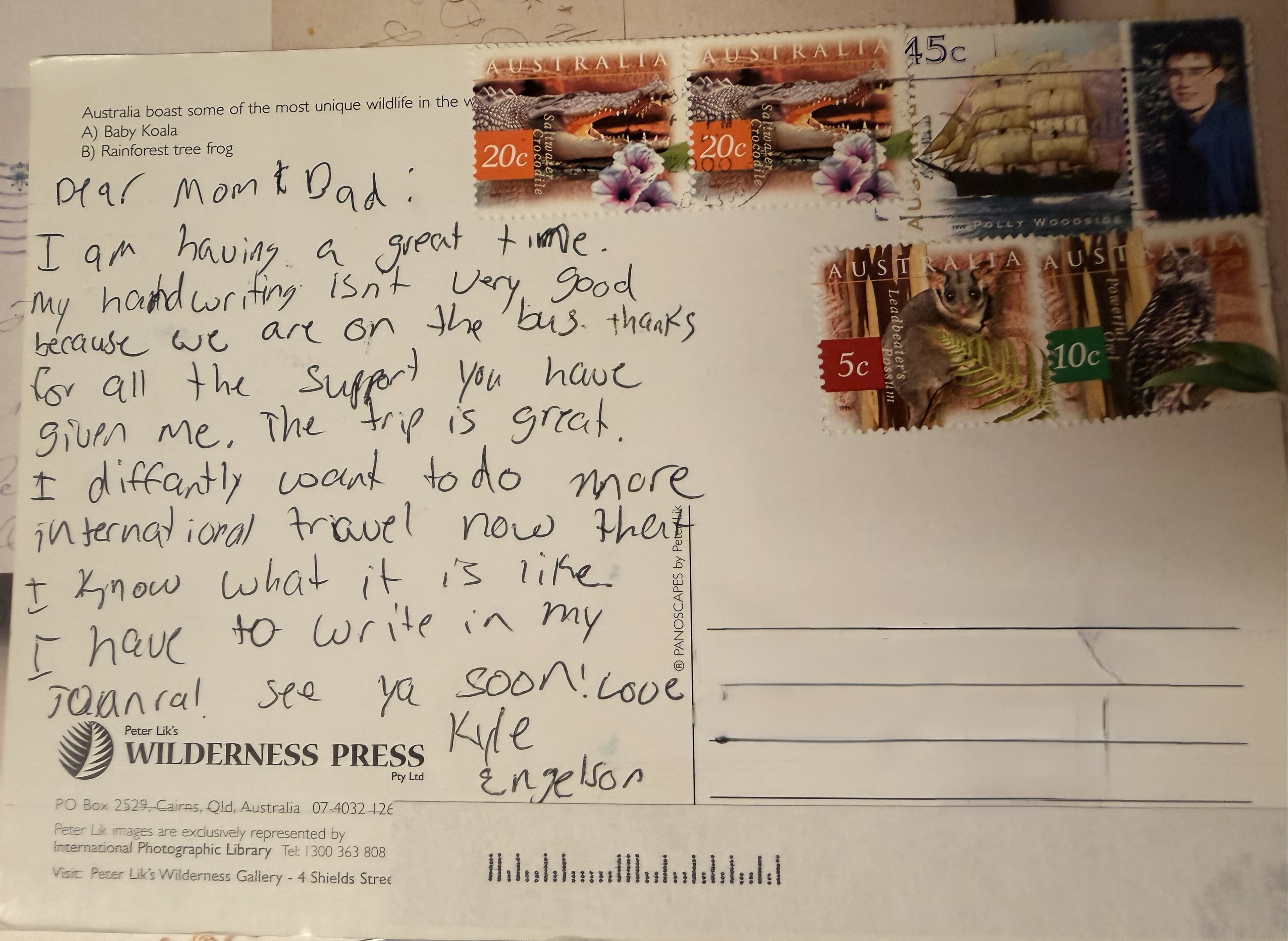 A handwritten postcard Kyle sent home from Australia